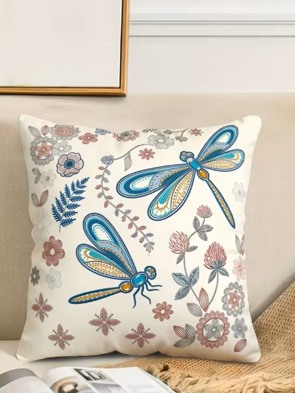 Summer Home Throw Pillow Cases - Set of 2 - Flowers and Dragonflies Cottage Vibe